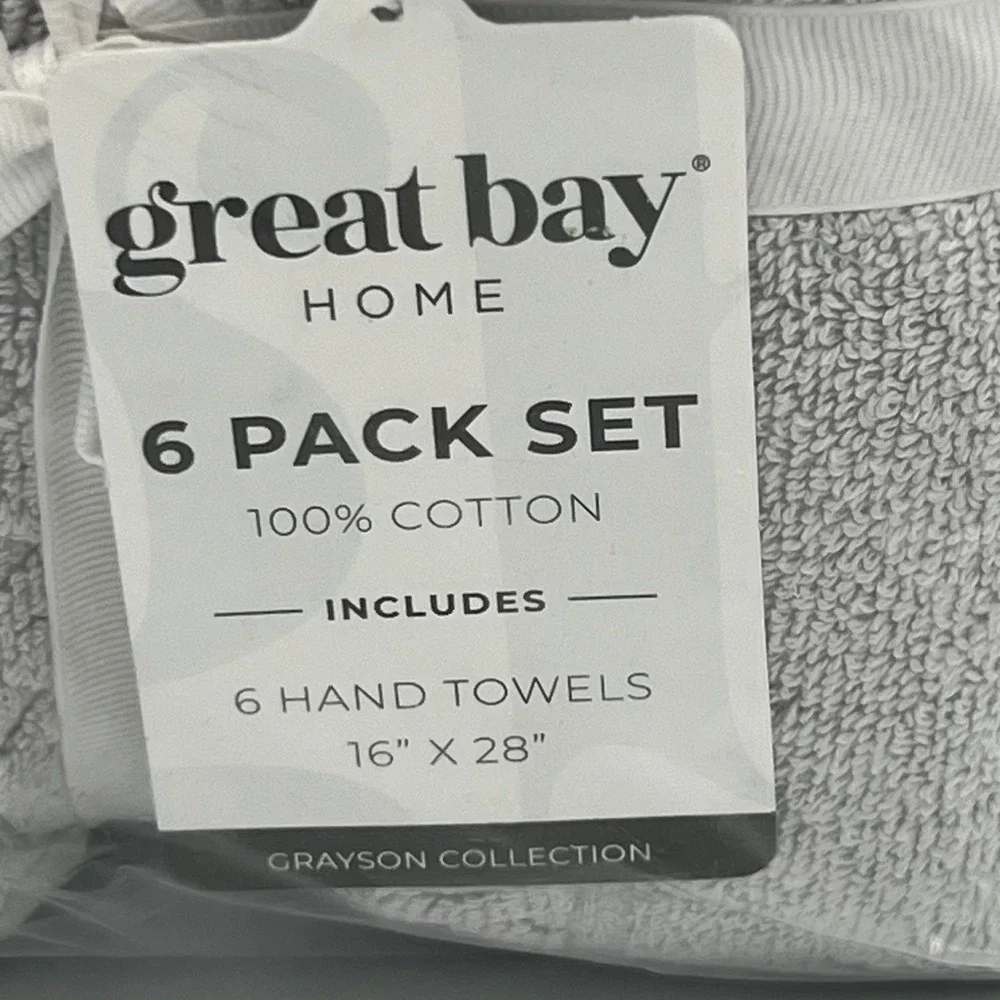 Great Bay Home Grayson Hand Towels 6 Pack Light Gray 16x28 New